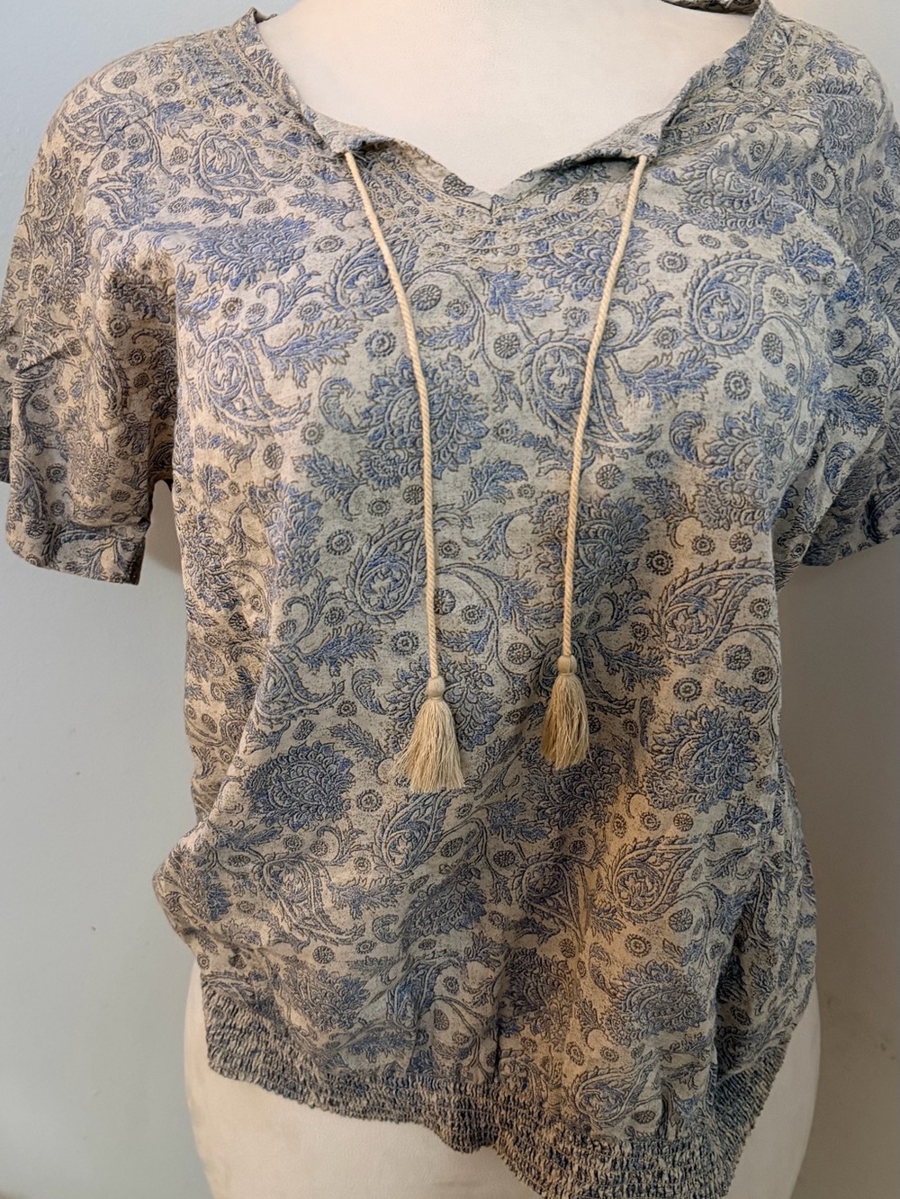 Ruff Hewn M Y2K Paisley Boho Peasant Tassel Cotton Smocked Top